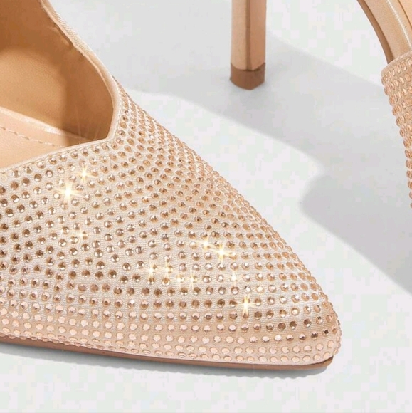 Apricot Color Pointed Toe Stiletto High Heel Ankle Strap Rhinestone Embellished - Picture 3 of 6